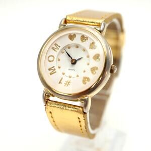 Vintage Faberge Gold Tone #1 Mom 32mm Watch Heart Glitter Pleather w New Battery